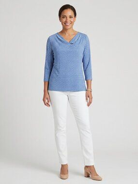 Chaps Women’s Blouse Blue White Lattice Print 3/4 Sleeve V-Neck Office Size L